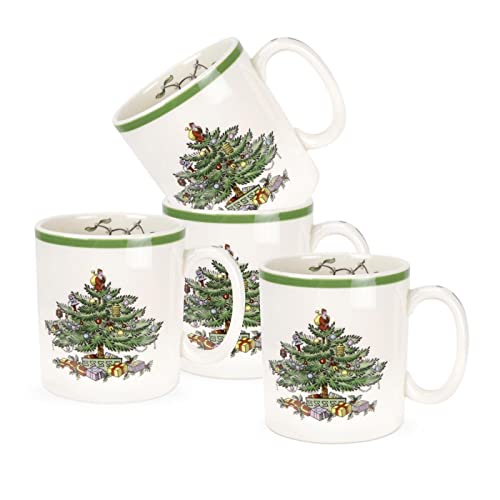 Spode Christmas Tree Mugs Set of 4  Iconic Tree Pattern, Holiday Beverage Mugs with 9 oz Capacity  Dishwasher Safe, Festive Hot-Drink Cups in Durable Stoneware for Cocoa, Tea & Coffee