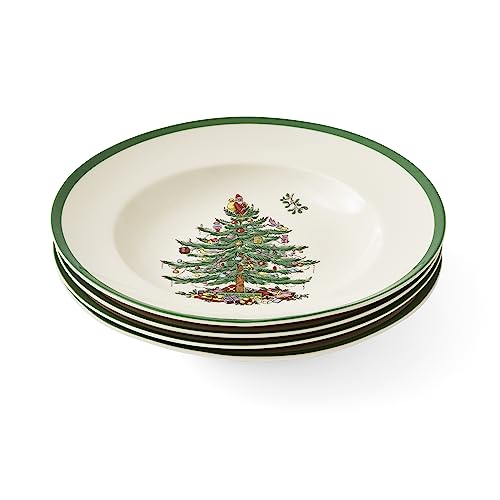 Spode Christmas Tree 9" Soup Plate (Set of 4)  Stoneware Bowls with Festive Tree Design & Green Rim, Ideal for Serving Soup, Pasta, Salad  Microwave & Dishwasher Safe Holiday Dinnerware