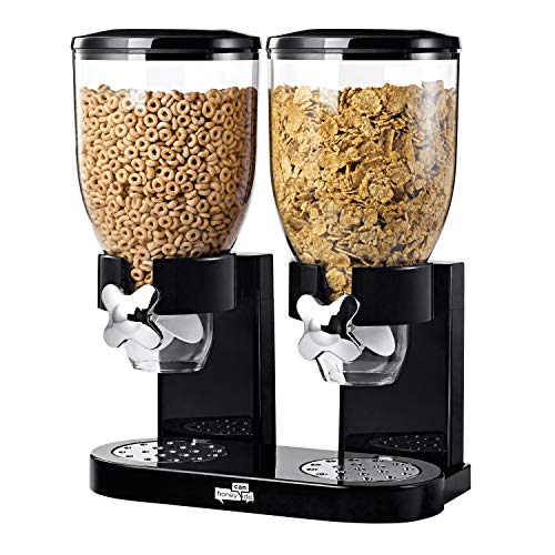 Honey-Can-Do Zevro Essential Dual-Control Dry Food Dispenser  Effortless & Organized Storage for Cereal, Dog Food, or Snack Dispenser for All Kinds of Treats, 17.5 oz Each Capacity, Black/Chrome