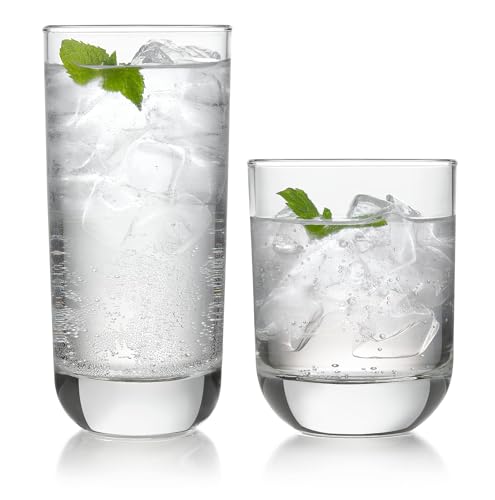 Libbey Polaris Tumbler and Rocks Glass Set, Elegant Drinkware Glasses Set, Tall Drinking Glasses with Modern Clean Lines, Dishwasher Safe Drinking Glasses Set of 16