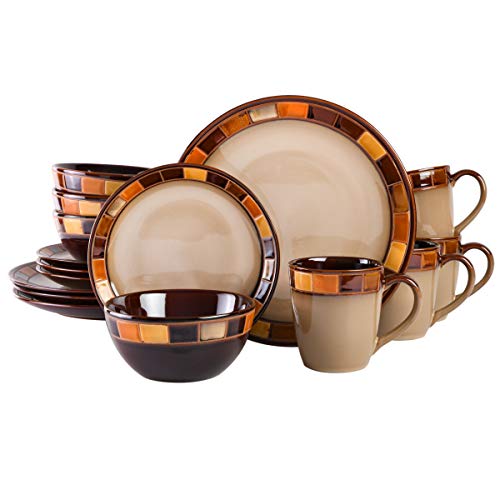 Gibson Casa Estebana 16-Piece Dinnerware Set, Service for 4  Beige and Brown Stoneware Plates and Bowls