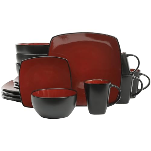 Gibson Elite Soho Lounge Square 16-Piece Dinnerware Set, Service for 4, Reactive Glaze Stoneware Plates and Bowls, Modern Dishes, Microwave & Dishwasher Safe  Red and Black