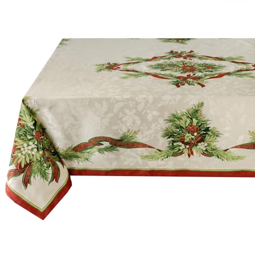 Benson Mills Christmas Ribbons Engineered Printed Fabric Table Cloth, Winter, Holiday and Christmas Tablecloth (60" X 120" Rectangular, Xmas Ribbons)