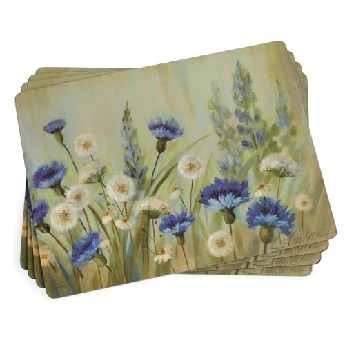 Pimpernel Fleurs des Champs Collection Placemats & Coasters Set (15.7" x 11.7")  Blue & White Cornflower Pattern on Cork-Backed Boards, Heat & Stain Resistant Dining Mats with Lacquered Finish