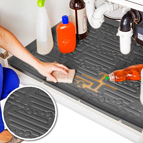 XTREME MATS Waterproof Undersink Mat (Gray 34" 1/4 x 22 1/4) Cabinet Base Liner for Kitchen & Laundry Cabinets Catches Leaks Prevents Damage Flexible Sink Driptray