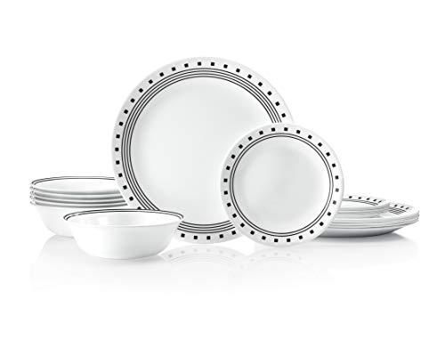 Corelle Vitrelle 18-Piece Service for 6 Dinnerware Set Triple Layer Glass and Chip Resistant, Lightweight Round Plates and Bowls Set, City Block