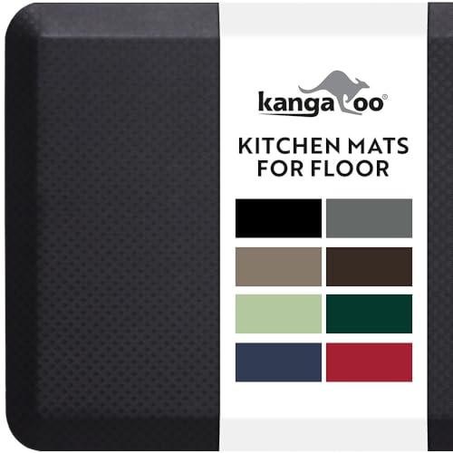 KANGAROO Thick Ergonomic Anti Fatigue Mats for Kitchen Floor, Cushioned Standing Office Desk Mat, Waterproof Scratch Resistant Topside, Supportive All Day Comfort Padded Foam Rugs, 20x32, Black