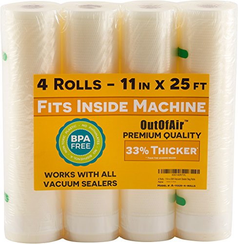 OutOfAir Vacuum Sealer Rolls - 11 x 25 (4 Pack, 100ft) - Heavy-Duty, 33% Thicker, BPA-Free, Works with FoodSaver, Weston, Anova & More - Food Storage, Sous Vide, Freezer, Microwave & Boil Safe