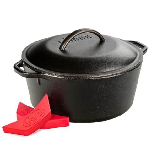 Lodge L8DOL3HH41PLT Cast Iron Dutch Oven with Handle Holders, 5 quart, Black/Red