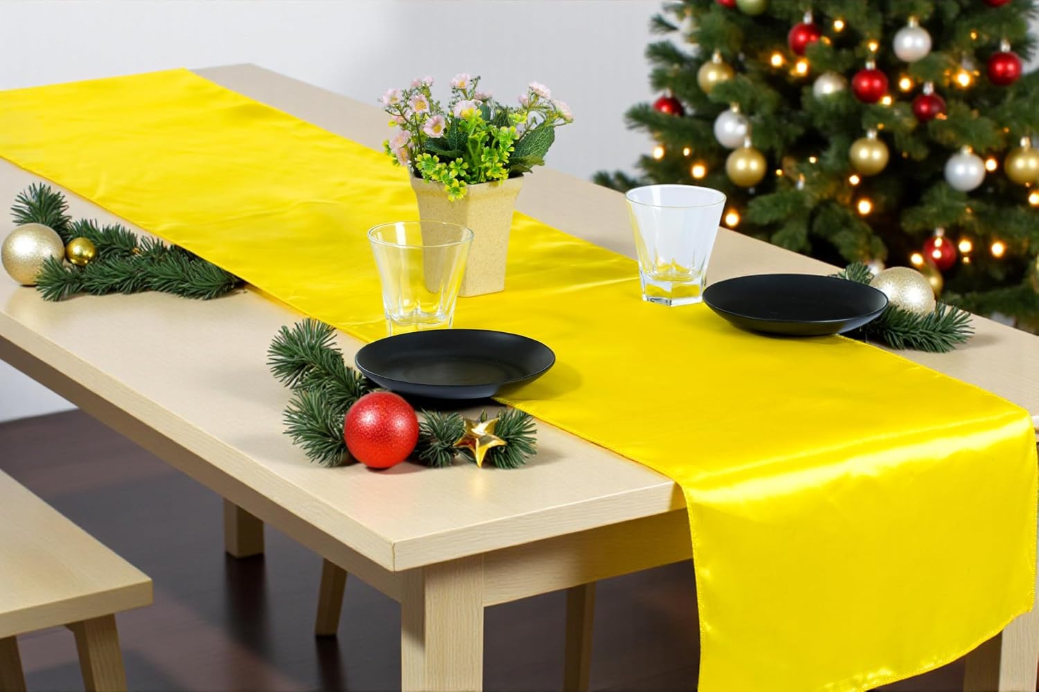 MDS Christmas Satin Table Runners - 15 Pack, 12 x 108 Inches - Bright Silk Sateen Table Decor for Harvest Dinner, Thanksgiving, New Year Party, Wedding, Holiday Banquet Dining Decor - Yellow
