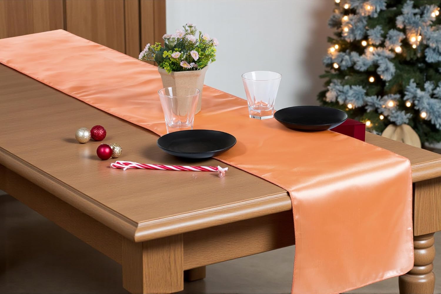 MDS Christmas Satin Table Runners - 15 Pack, 12 x 108 Inches - Bright Silk Sateen Table Decor for Harvest Dinner, Thanksgiving, New Year Party, Wedding, Holiday Banquet Dining Decor - Peach