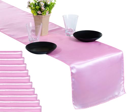 MDS Christmas Satin Table Runners - 15 Pack, 12 x 108 Inches - Bright Silk Sateen Table Decor for Harvest Dinner, Thanksgiving, New Year Party, Wedding, Holiday Banquet Dining Decor - Pink