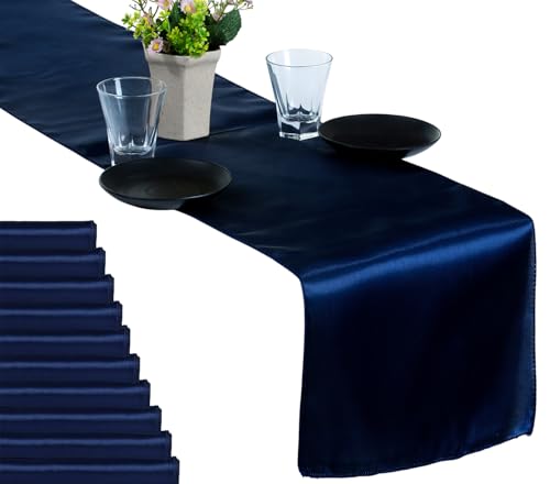 MDS Christmas Satin Table Runners - 15 Pack, 12 x 108 Inches - Bright Silk Sateen Table Decor for Harvest Dinner, Thanksgiving, New Year Party, Wedding, Holiday Banquet Dining Decor - Navy Blue