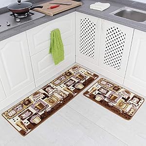 Carvapet 2 Pieces Non-Slip Kitchen Mat Set Rubber Backing Doormat Runner Rug Set, Coffee Design (Brown 15"x47"+15"x23")