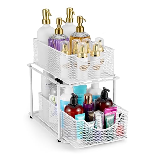 Sorbus 2 Tier Under Sink Bathroom Organizers and Storage, Strong Steel Mesh Sliding Drawers for Enhanced Bathroom Storage Ideal Bathroom Organization and Storage & Under Kitchen Sink Organizer (White)
