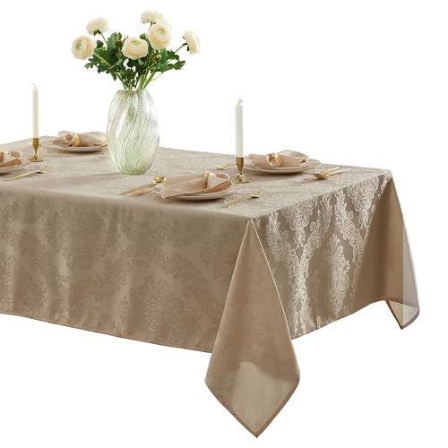 Newbridge Barcelona Luxury Damask Fabric Tablecloth, 60 Wide x 144 Rectangle, Golden Beige, 100% Polyester, No Iron, Soil Resistant Dining Room, Party and Banquet Table Cover