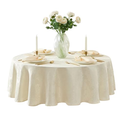 Newbridge Barcelona Luxury Damask Fabric Tablecloth, 90 Round, Antique White, 100% Polyester, No Iron, Soil Resistant Dining Room, Party and Banquet Table Cover