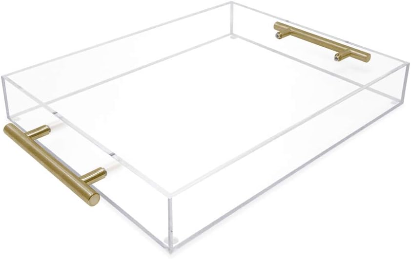 Isaac Jacobs Clear Acrylic Serving Tray (11x14) with Gold Metal Handles, Spill-Proof, Stackable Organizer, Food & Drinks Server, Indoors/Outdoors, Lucite Storage Decor (11x14, Clear with Gold Handle)