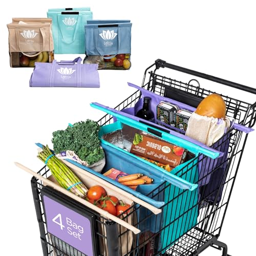 Lotus Original Trolley Reusable Shopping Bags (4-Pack)  Detachable & Reusable Grocery Bags Foldable with Insulated Grocery Bag & Egg/Wine Holder  Washable Shopping Totes to Save Time & Easy Storage
