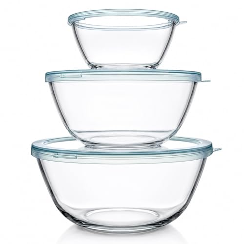 Luvan Glass Mixing Bowls with Lids Set(4.5QT, 2.7QT, 1.1QT)-Large Glass Mixing Bowls, Clear Salad Bowl for Baking, Cooking, Serving, Food Prep, 3PC Nesting Bowls for Kitchen Storage & Dishwasher Safe