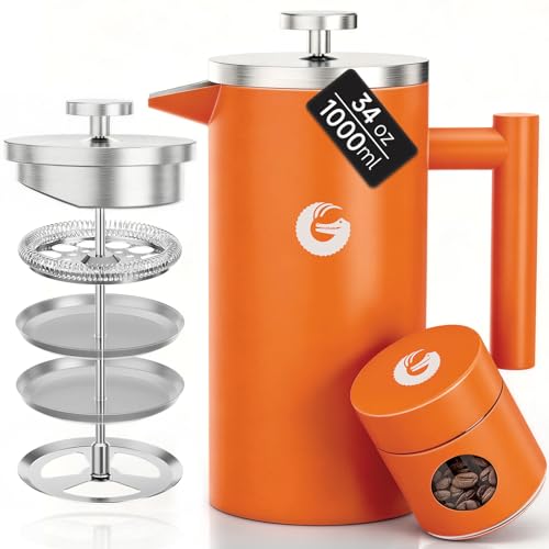 Coffee Gator French Press Coffee Maker 34oz, Double Insulated Stainless Steel Brewer plus Travel Jar Canister, Portable Hot Cold Brew Tea for Coffee Bar Accessories Kitchen Camping, Orange
