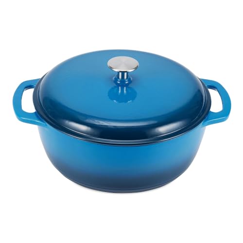 Amazon Basics Cast Iron Dutch Oven Pot with Lid, Enameled, Round, Dual Handles, Heavy-Duty, Medium, 6-Quart, Blue