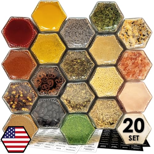 20 Set Magnetic Spice Jars for Refrigerator, Hexagon Glass Magnetic Spice Jars with Shaker Lids Label for Kitchen RV Travel Trailer Boat, Magnet Seasoning Containers for Fridge Cabinet Wall mount Rack