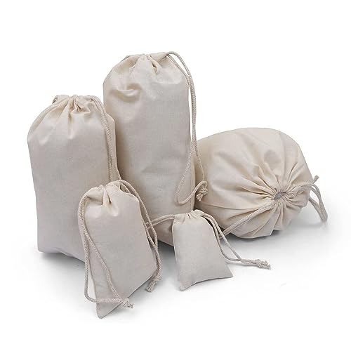 100Pcs 5 x 7 Inches Premium Cotton Muslin Double Drawstring Bags, Reusable Bag Natural Cotton Bags with Drawstring Produce Bags Bulk Gift Bag Jewelry Pouch for Party Wedding Home Storage