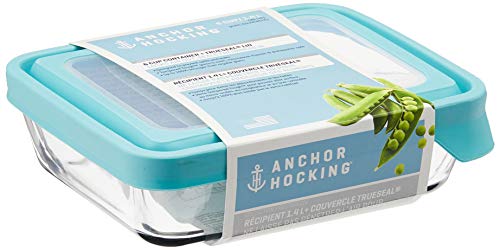 Anchor Hocking TrueSeal Glass Food Storage Containers with Mineral Blue Airtight Lids, 6 Cup Capacity (48 Oz), Rectangle, Pack of 4