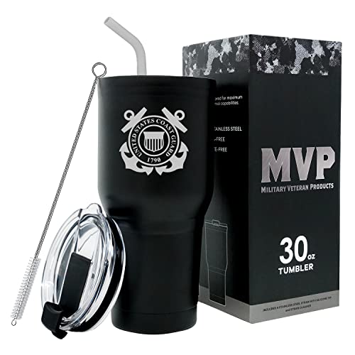 Military Gift Shop 30 oz Black Double Wall Vacuum Insulated Stainless Steel US Coast Guard Tumbler Travel Mug