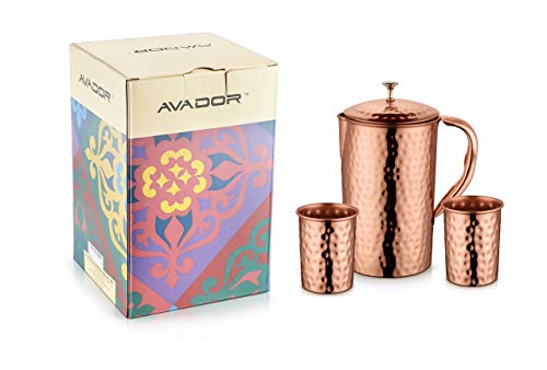 AVADOR Handcrafted 100% Pure Copper Jug Pitcher with 2 Glass Drinkware Hammered Finish