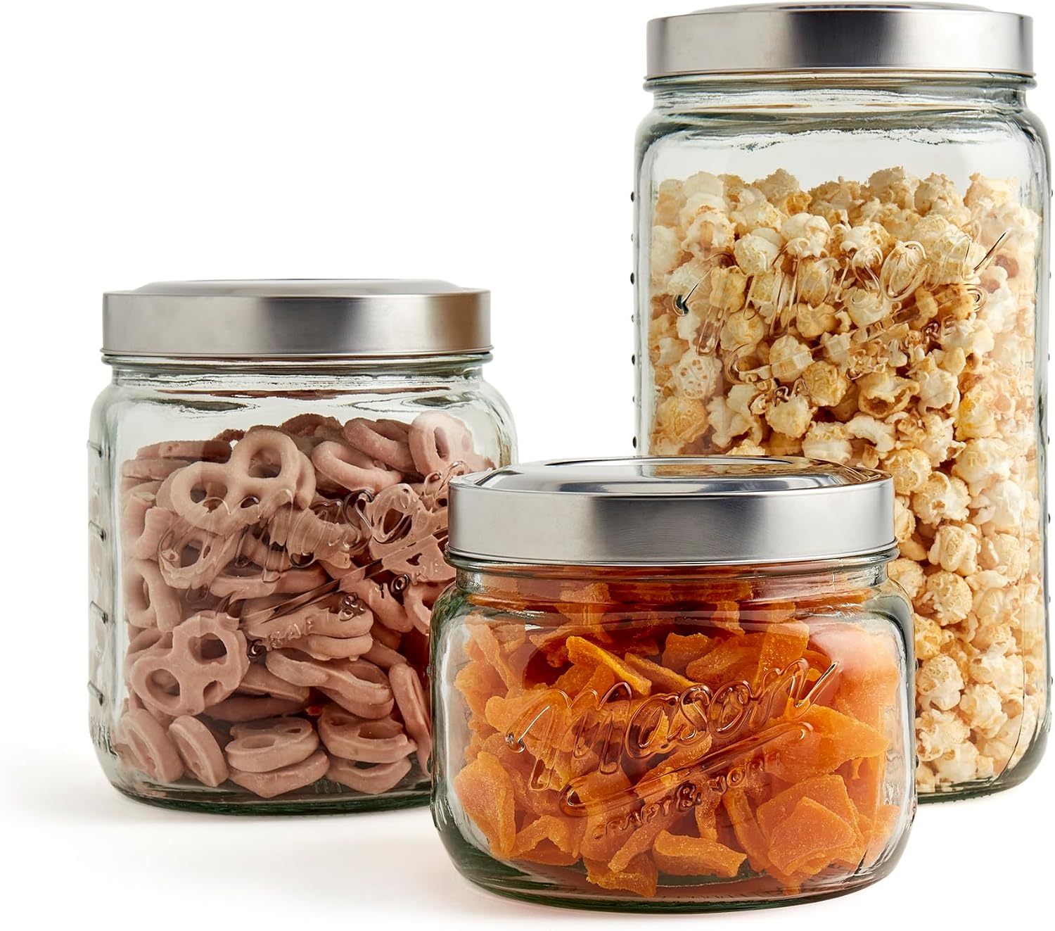 Mason Craft & More Airtight Kitchen Food Storage Clear Glass Pop Up Lid Canister, 3 Piece Pop Up Graduated Canister Set (1.6L, 2.75L, and 4.6L)