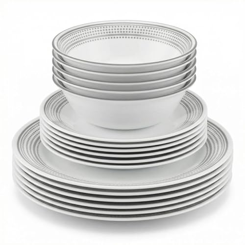 Corelle Vitrelle 18-Piece Service for 6 Dinnerware Set Triple Layer Glass and Chip Resistant, Lightweight Round Plates and Bowls Set, Mystic Gray