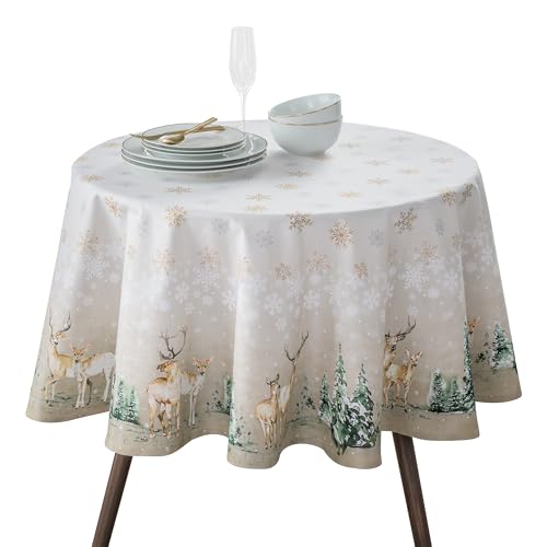 Maison d' Hermine Table Cloth Round Table 100% Cotton 63 Inches Fall Tablecloth Reusable Everyday Use for Thanksgiving Decorations Dining Farmhouse Party Festive (Deer in The Woods)