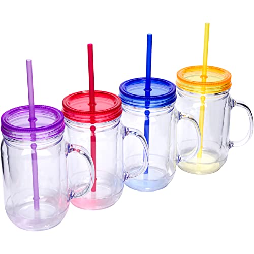 Plastic Mason Jars with Handles, Lids and Straws | 20 oz Double Insulated Tumbler with Straw | 4 Pack Set of 4 | Wide Mouth Mason Jar Mugs | Cups for Kids and Adults...