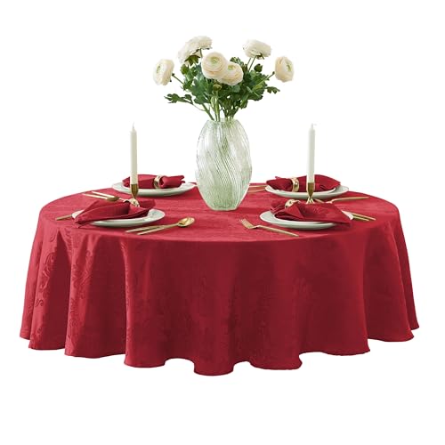 Newbridge Christmas Barcelona Damask Fabric Tablecloth, 90 Inch Round, Red  No Iron, Soil Resistant Table Cover for Dining, Parties and Holidays