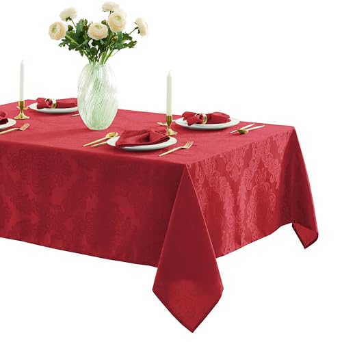 Newbridge Christmas Barcelona Damask Fabric Tablecloth, 60 x 144 Inch Rectangle, Red  No Iron, Soil Resistant Table Cover for Dining, Parties and Holidays