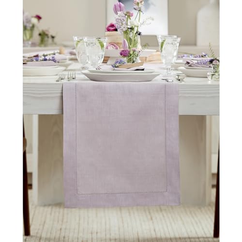 Solino Home Linen Lilac Table Runner 90 Inches Long - 100% Pure Linen Hemstitch 14 x 90 Inch Table Runner for Dining, Fall, Autumn, Thanksgiving, Christmas - Classic Hemstitch