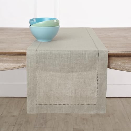 Solino Home Linen Natural Table Runner 90 Inches Long - 100% Pure Linen Hemstitch 14 x 90 Inch Table Runner for Dining, Fall, Autumn, Thanksgiving, Christmas - Classic Hemstitch