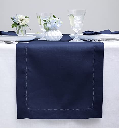 Solino Home Linen Navy Blue Table Runner 72 Inches Long - 100% Pure Linen Hemstitch Table Runner 14 x 72 Inch for Dresser, Dining, Fall, Autumn, Halloween, Thanksgiving, Christmas - Classic Hemstitch