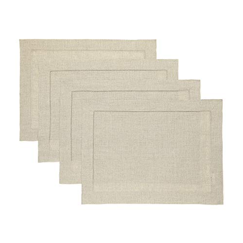 Solino Home Linen Placemats Set of 4 - Classic Hemstitch Natural Placemats 14 x 19 Inch - 100% Pure Linen Table Mats for Fall, Autumn, Thanksgiving, Christmas, Holiday