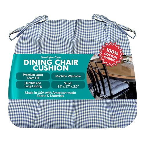 Barnett Home Decor Madrid Dark Blue Dining Chair Pad with Ties - 15 x 17 Size Small Chair Cushion - Latex Foam Fill - Machine Washable, Reversible, 100% Cotton, Made in USA (Gingham Check)