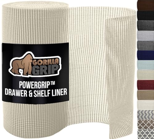 GORILLA GRIP powerGRIP Drawer Shelf and Cabinet Liner, Thick Strong Hold, Non-Adhesive Liners Protect Kitchen Cabinets and Cupboard, Bathroom Drawers, Easy Install, Breathable Mat, 17.5" x20', Cream