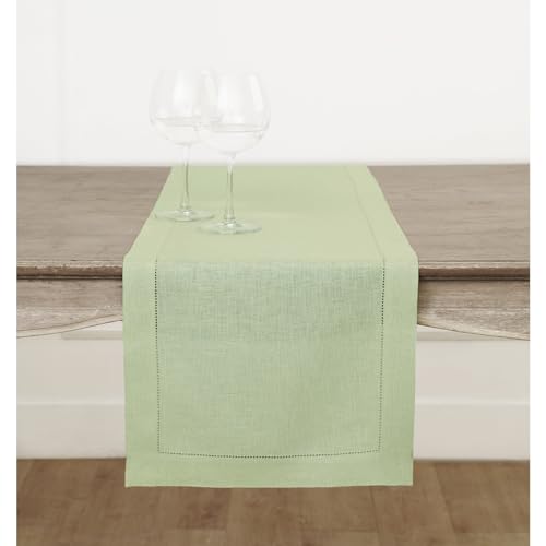 Solino Home Linen Sage Green Table Runner 90 Inches Long - 100% Pure Linen Hemstitch 14 x 90 Inch Table Runner for Dining, Fall, Autumn, Thanksgiving, Christmas - Classic Hemstitch