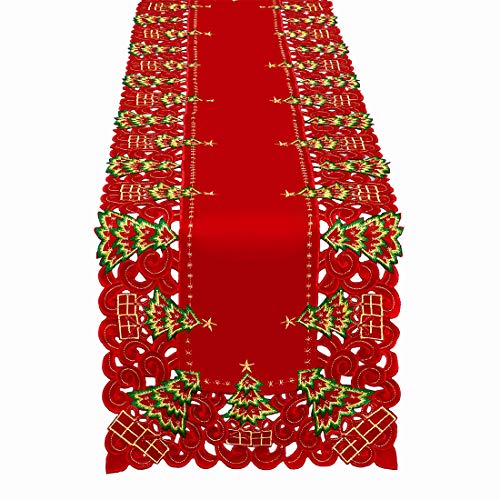 Grelucgo Super Large Embroidered Christmas Holiday Holly Tree Table Runner, Rectangular 16 x 144 Inch