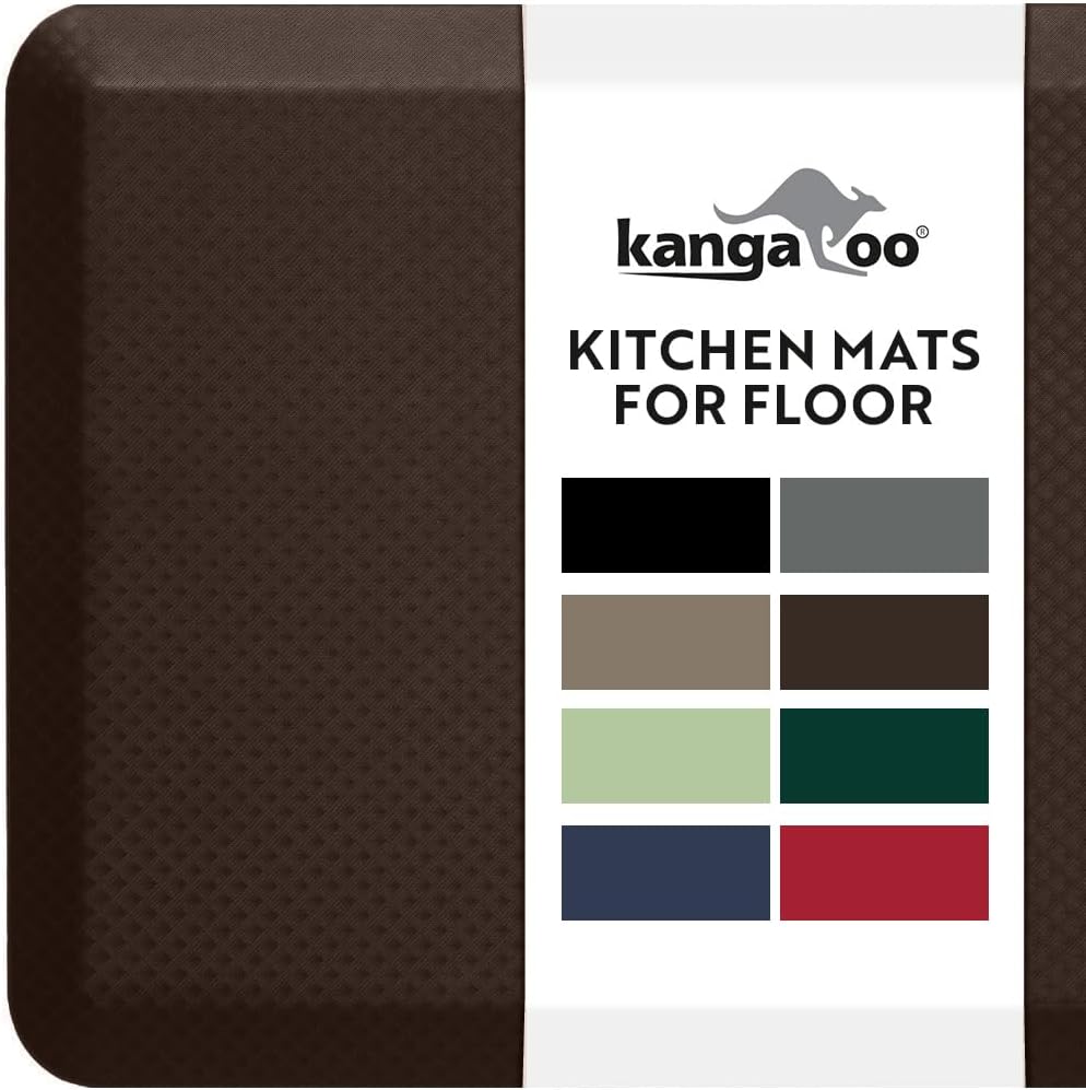 KANGAROO Thick Ergonomic Anti Fatigue Mats for Kitchen Floor, Cushioned Standing Office Desk Mat, Waterproof Scratch Resistant Topside, Supportive All Day Comfort Padded Foam Rugs, 24x17, Brown
