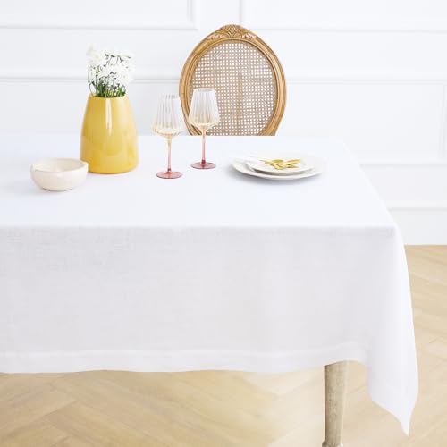Solino Home Linen White Tablecloth 60 x 90 Inch - 100% Pure Linen Rectangular Tablecloth - Machine Washable Table Cloth for Fall, Autumn, Halloween, Thanksgiving, Christmas, Holiday - Fete