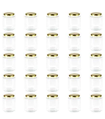 Encheng 6 oz Clear Hexagon Jars,Small Glass Honey Jars With Lids(Golden),Mason Jars For Herbs,Foods,Jams,Liquid, Canning Jars Spice Jar For Storage 25 Pack