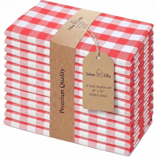 Urban Villa Cloth Napkins Set of 12 20x20 Inches 100% Cotton Napkins Cloth Washable Durable Reusable Absorbent Table Dinner Napkins Cloth for Christmas Hotel Lunch Restaurant Parties- Red White