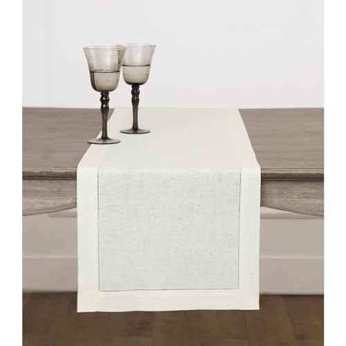 Solino Home Linen Ivory Table Runner 72 Inches Long - 100% Pure Linen Hemstitch Table Runner 14 x 72 Inch for Dresser, Dining, Fall, Halloween, Thanksgiving, Christmas, Holiday - Classic Hemstitch